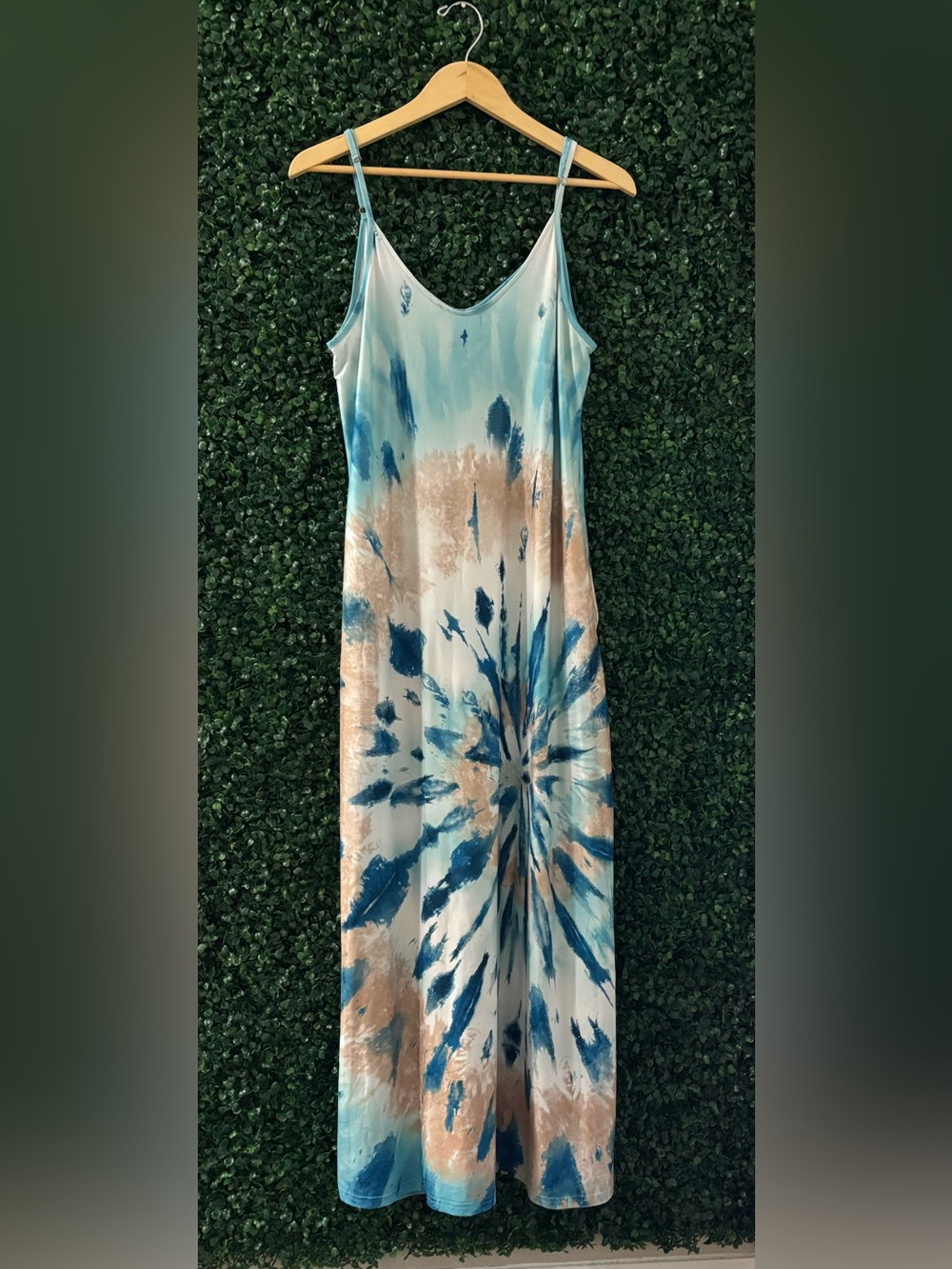 Sz L Tall OURS Blue Beige Tie Dye Maxi Dress Sleeveless Boho Beachy